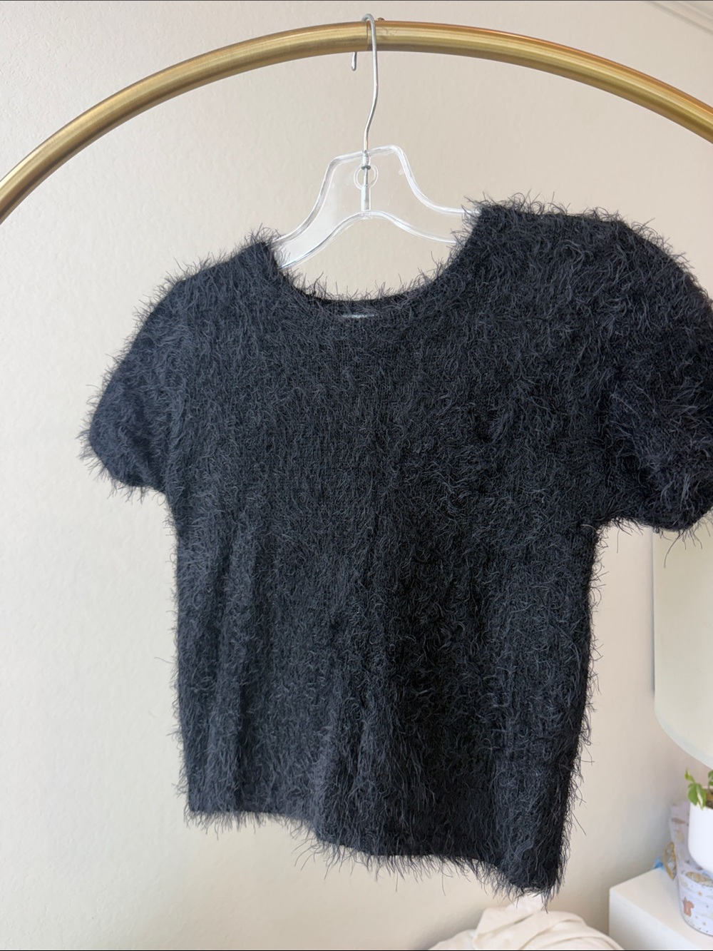 Black Fuzzy Short Sleeve Crop Top — Women's Cozy Knit